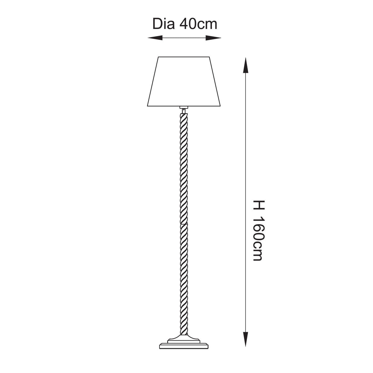 Dimension drawing of the Endon Twist floor lamp with ZigZag shade showing 160cm height and 40cm shade diameter