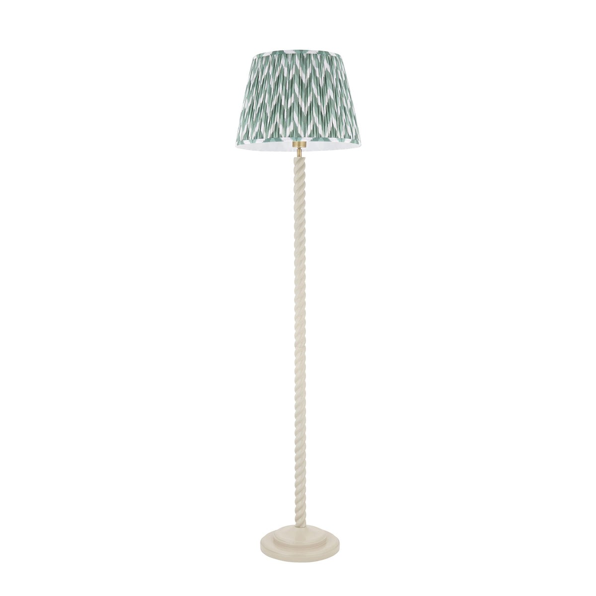 Endon Twist floor lamp unlit, satin almond white barley twist stem with Cotswold green zigzag shade, cut out on white