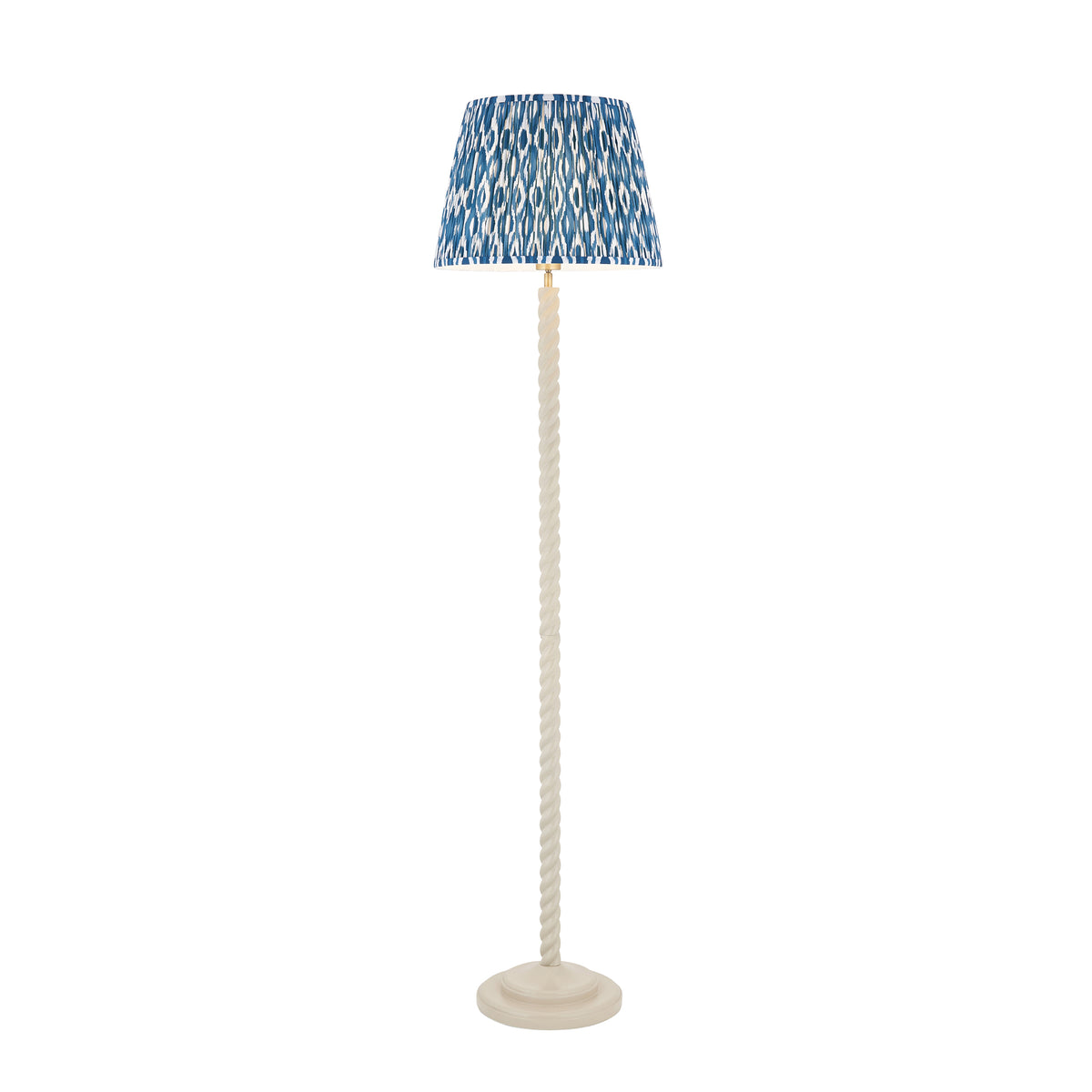 Endon Twist floor lamp in satin almond white with a 40cm marlin blue ikat shade, unlit, cut out on a white background