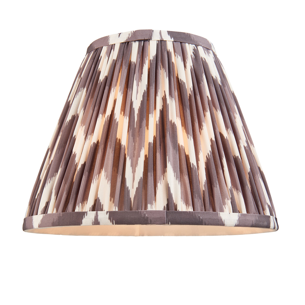 Endon Zigzag 25cm pearl grey pleated faux silk shade shown on its own, lit from inside, cut out on white