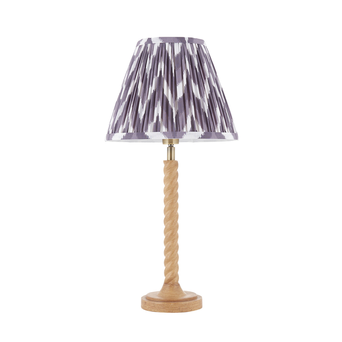 Endon Twist table lamp unlit, oak effect twisted resin base with a pearl grey zigzag shade, cut out on white