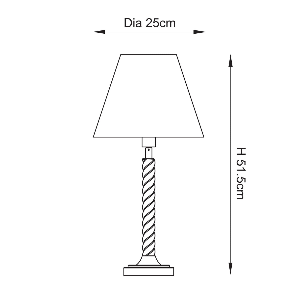 Dimension drawing of the Endon Twist oak effect table lamp showing 51.5cm overall height and 25cm shade diameter