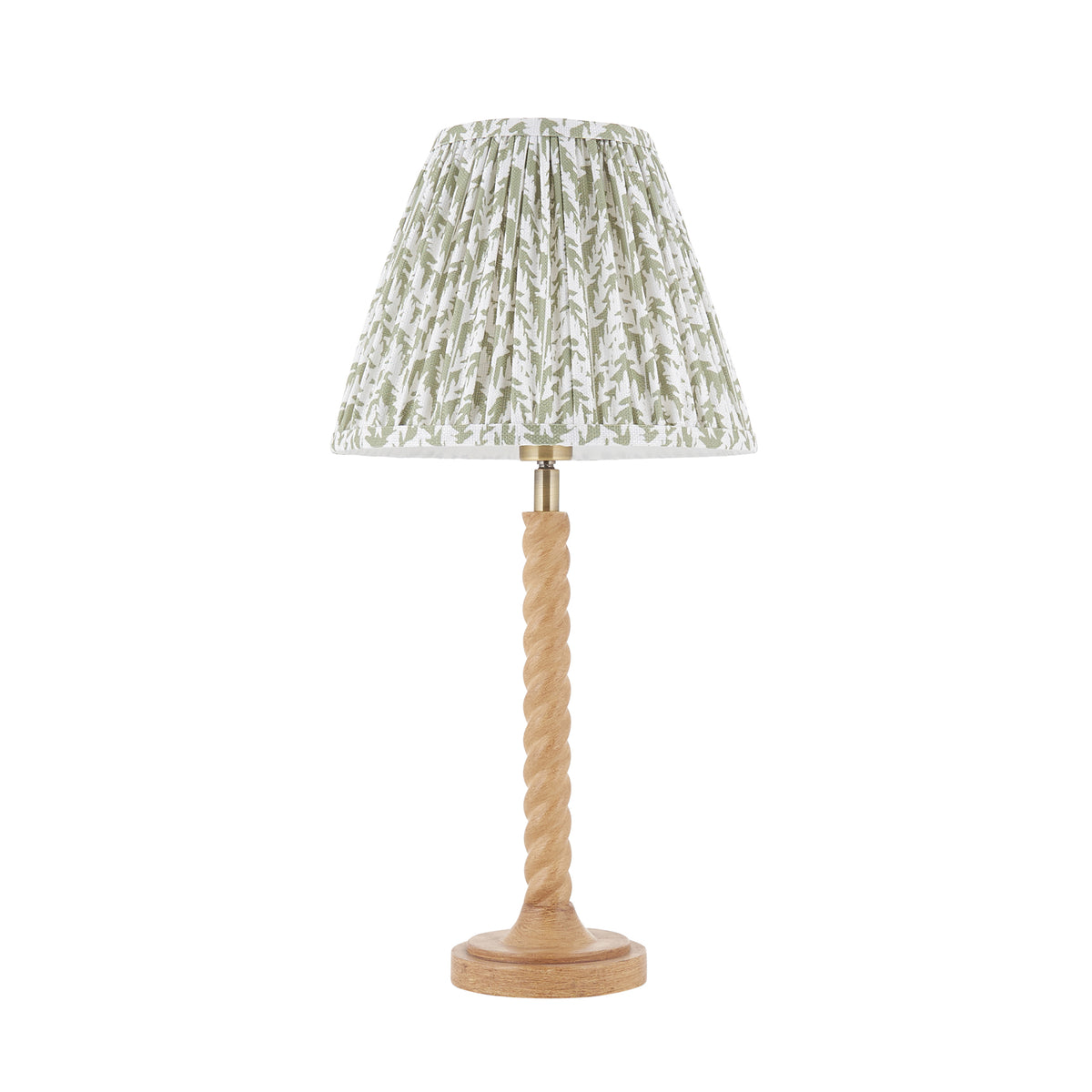 Endon Twist table lamp unlit cut out on white, oak effect twisted resin base with the herb garden green Leaf pleated shade