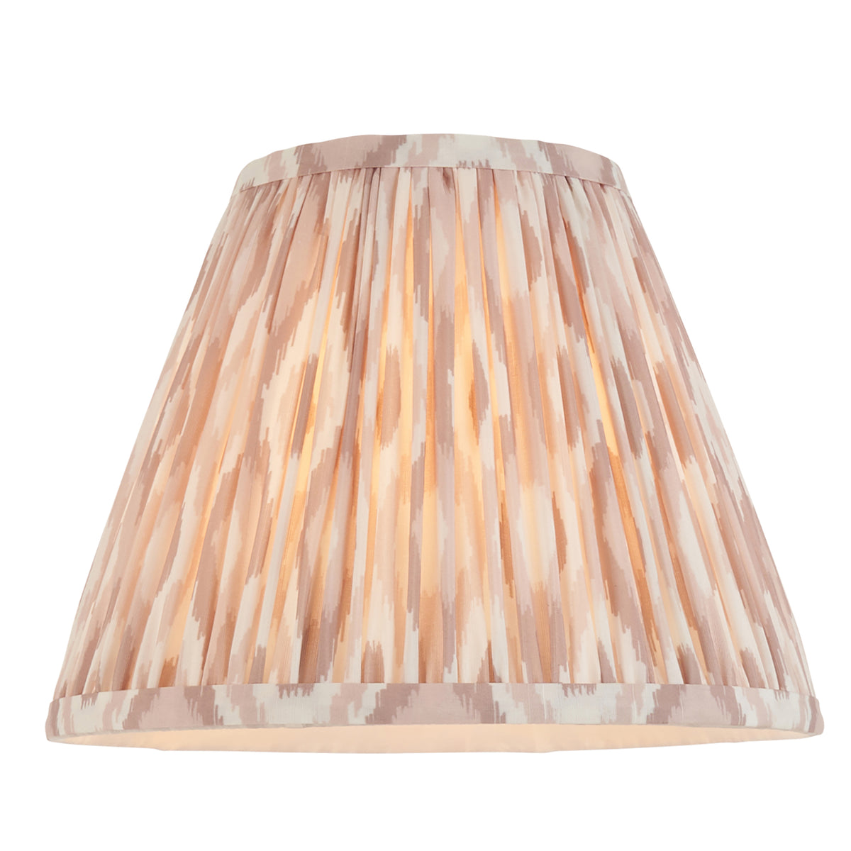 Endon 25cm neutral ikat pleated shade shown on its own, lit from inside, blush and taupe print on off white faux silk