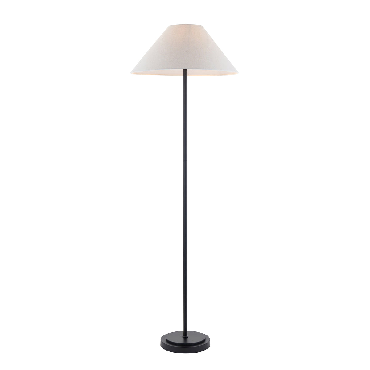 Endon Arlo floor lamp in matt black with the Avalon 52cm natural linen coolie shade, full length cut out on a white background