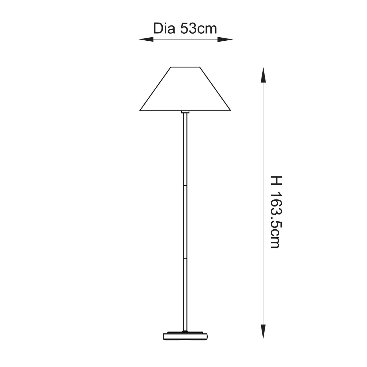 Dimension drawing of the Endon Arlo and Ayla floor lamp showing 163.5cm height and 53cm shade diameter