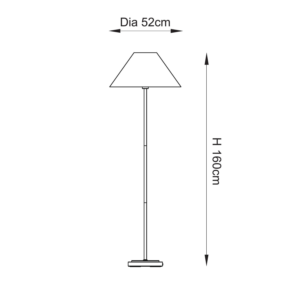 Dimension drawing of the Endon Arlo floor lamp showing 160cm height and 52cm shade diameter