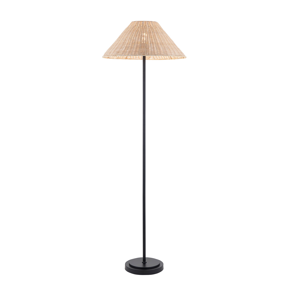 Endon Arlo floor lamp in matt black with a pale natural rattan shade, unlit, cut out on a white background