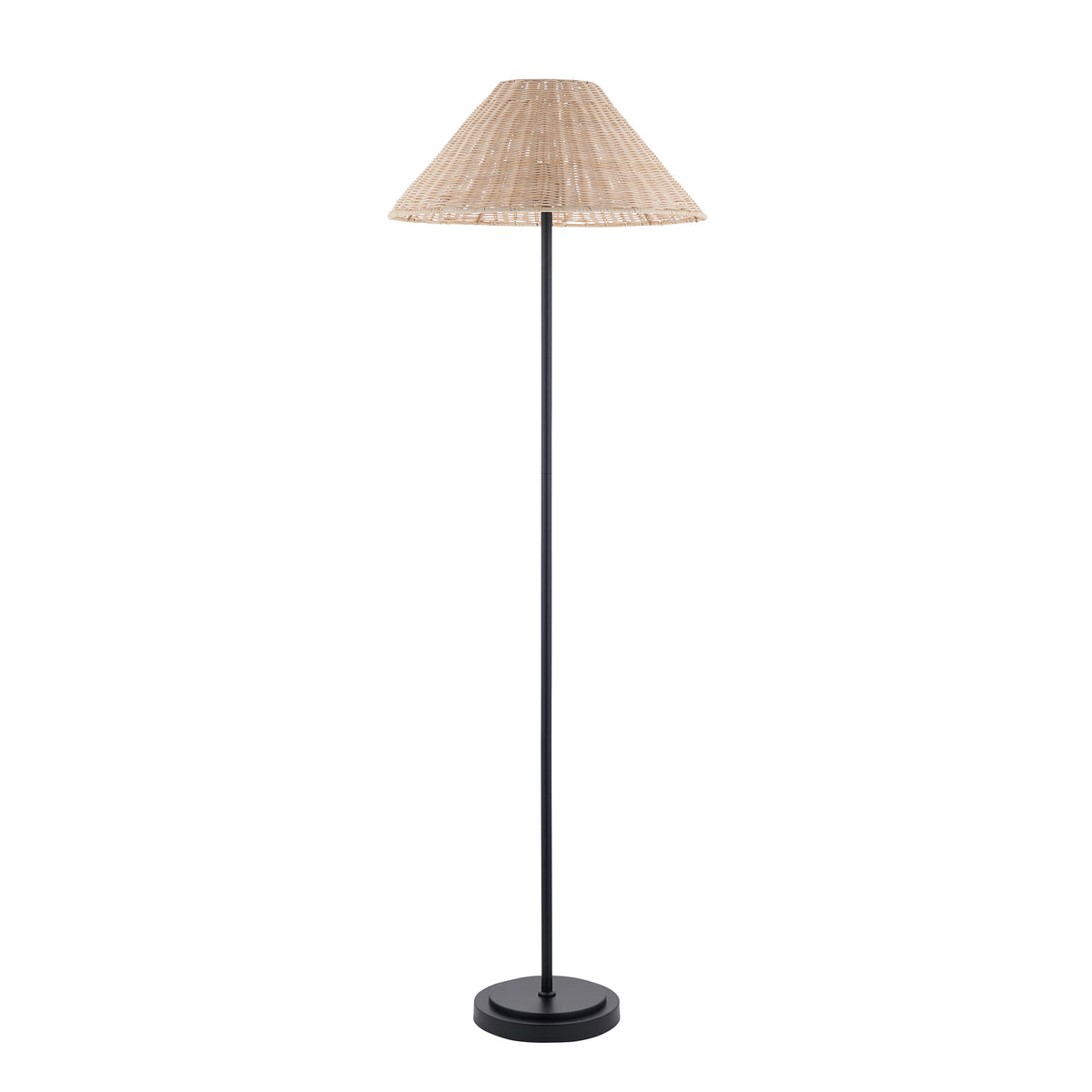 Full length view of the Endon Arlo floor lamp, matt black base and stem topped with a pale natural rattan coolie shade, unlit on white