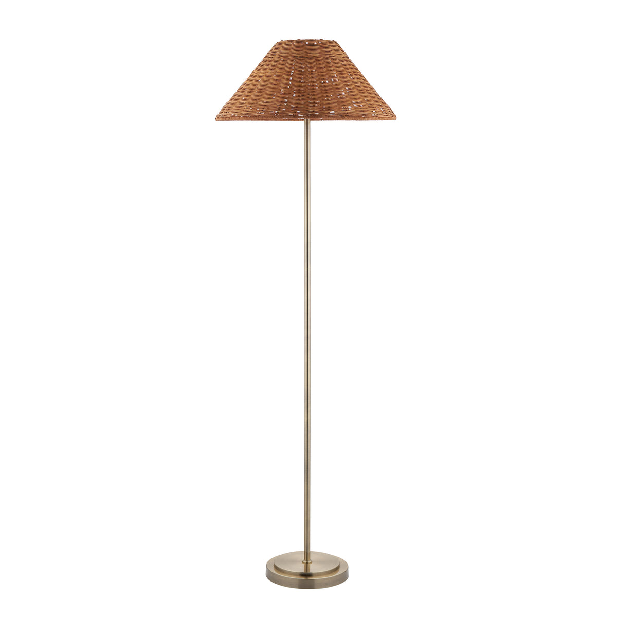 Endon Arlo floor lamp in antique brass with a dark rattan shade, unlit, cut out on a white background