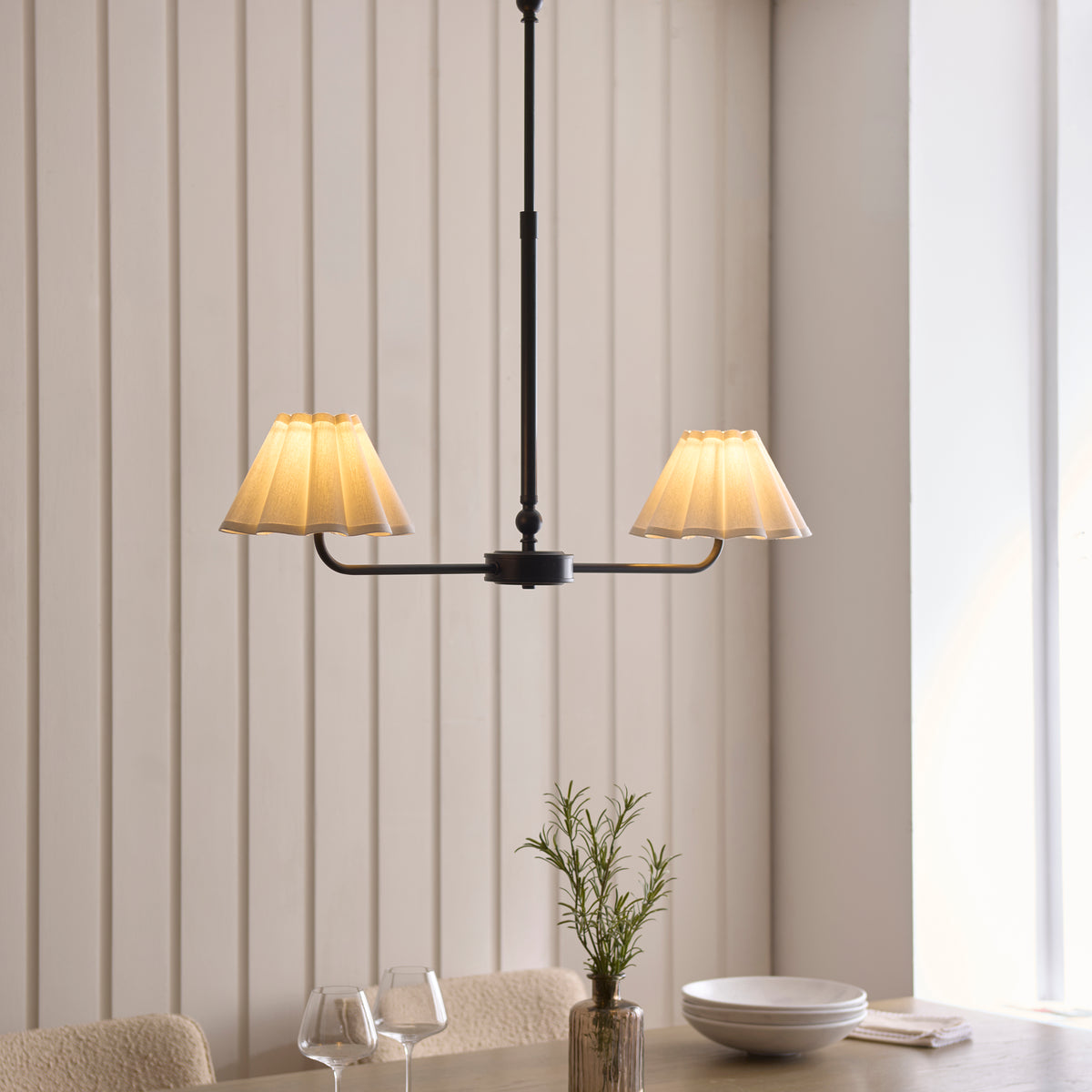 Endon Sylvie 2 Light Linear Pendant - Matt Black & Vintage White Cotton