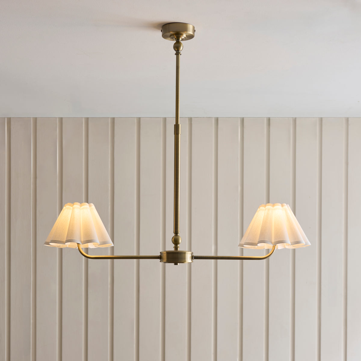 Endon Sylvie 2 Light Linear Pendant - Antique Brass Plate & Vintage White Cotton