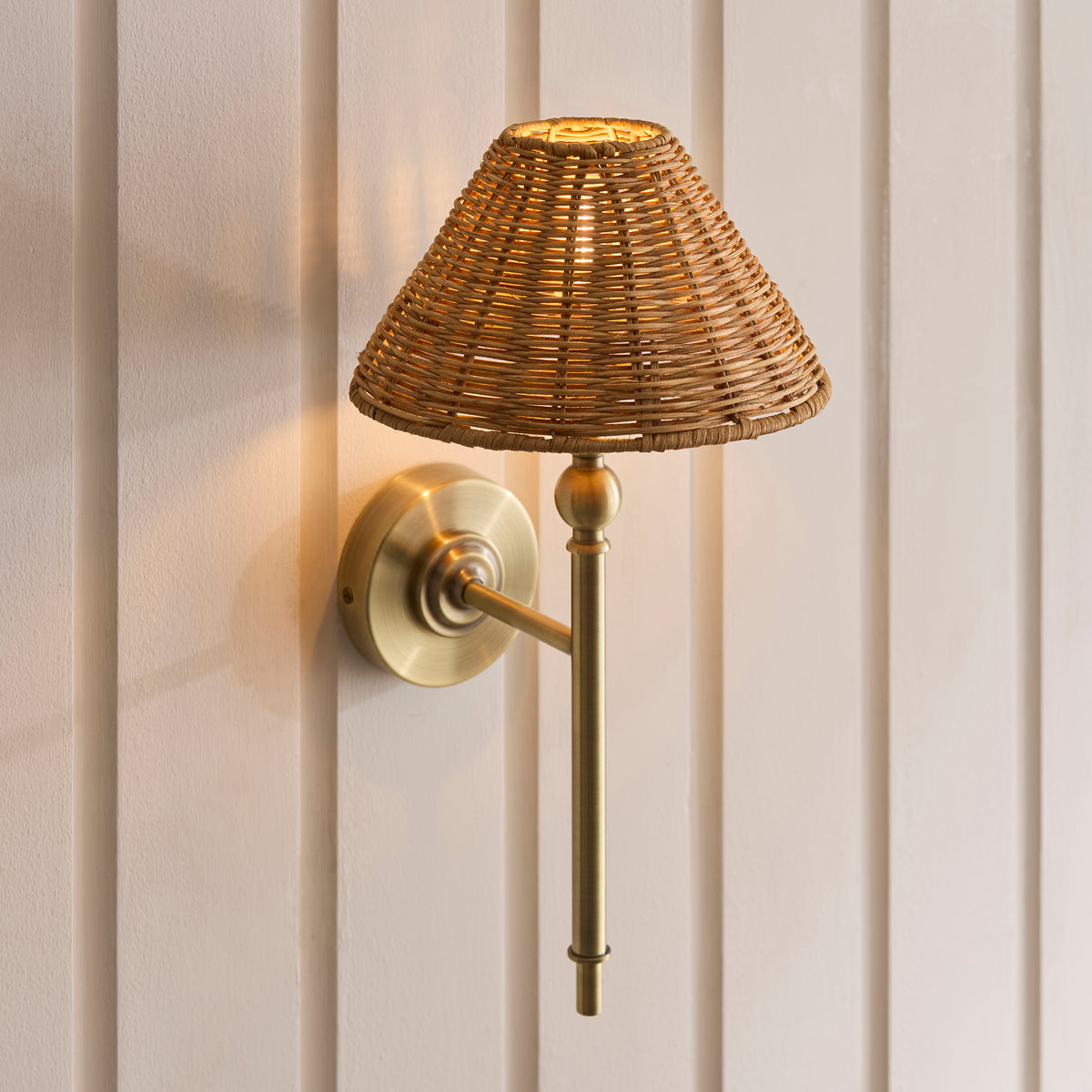 Endon Jericho Wall Light - Antique Brass Plate & Dark Rattan