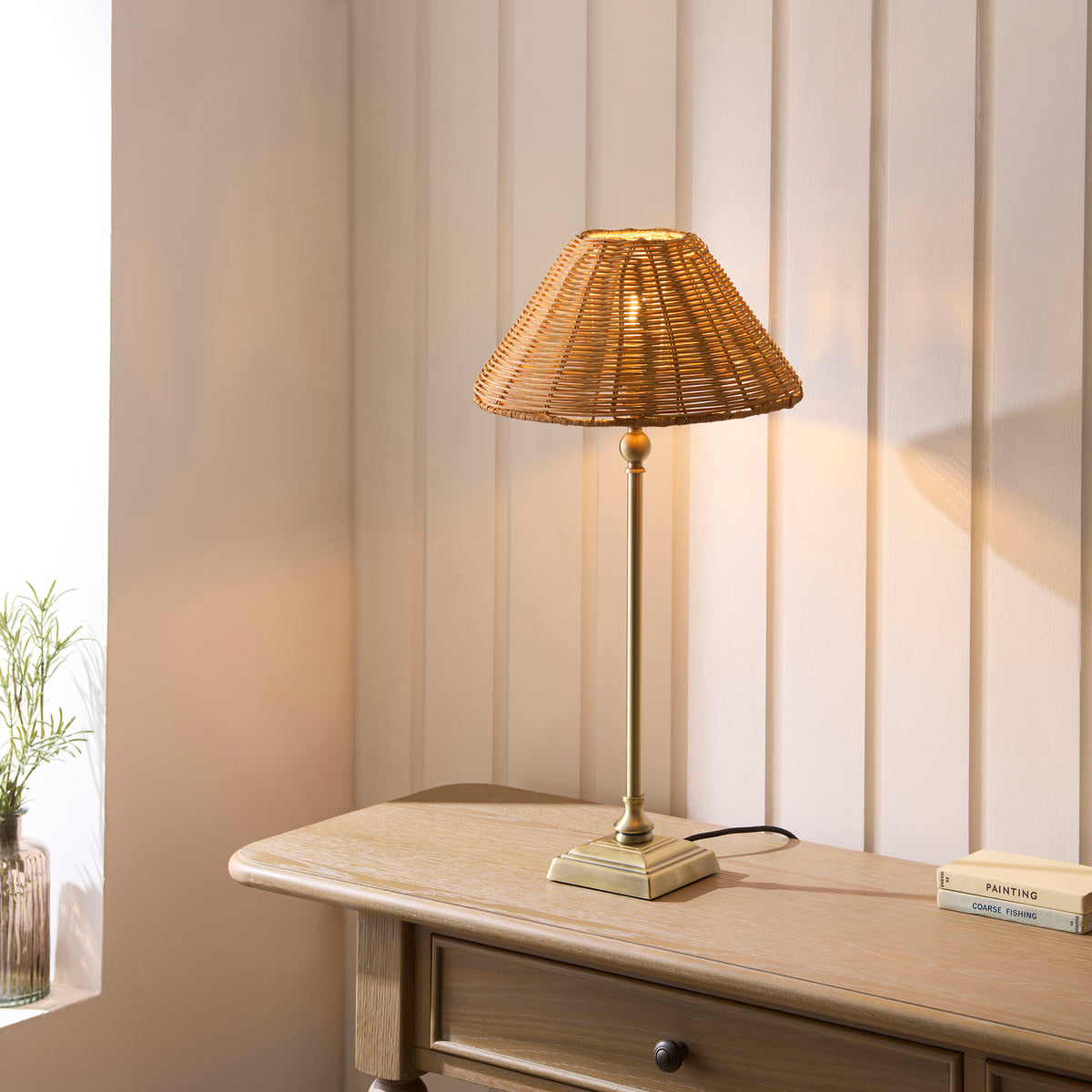 Endon Jericho Table Light - Antique Brass Plate & Dark Rattan