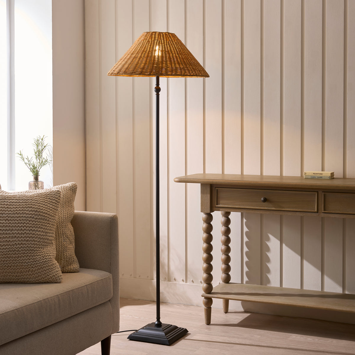 Endon Jericho Floor Light - Matt Black & Dark Rattan