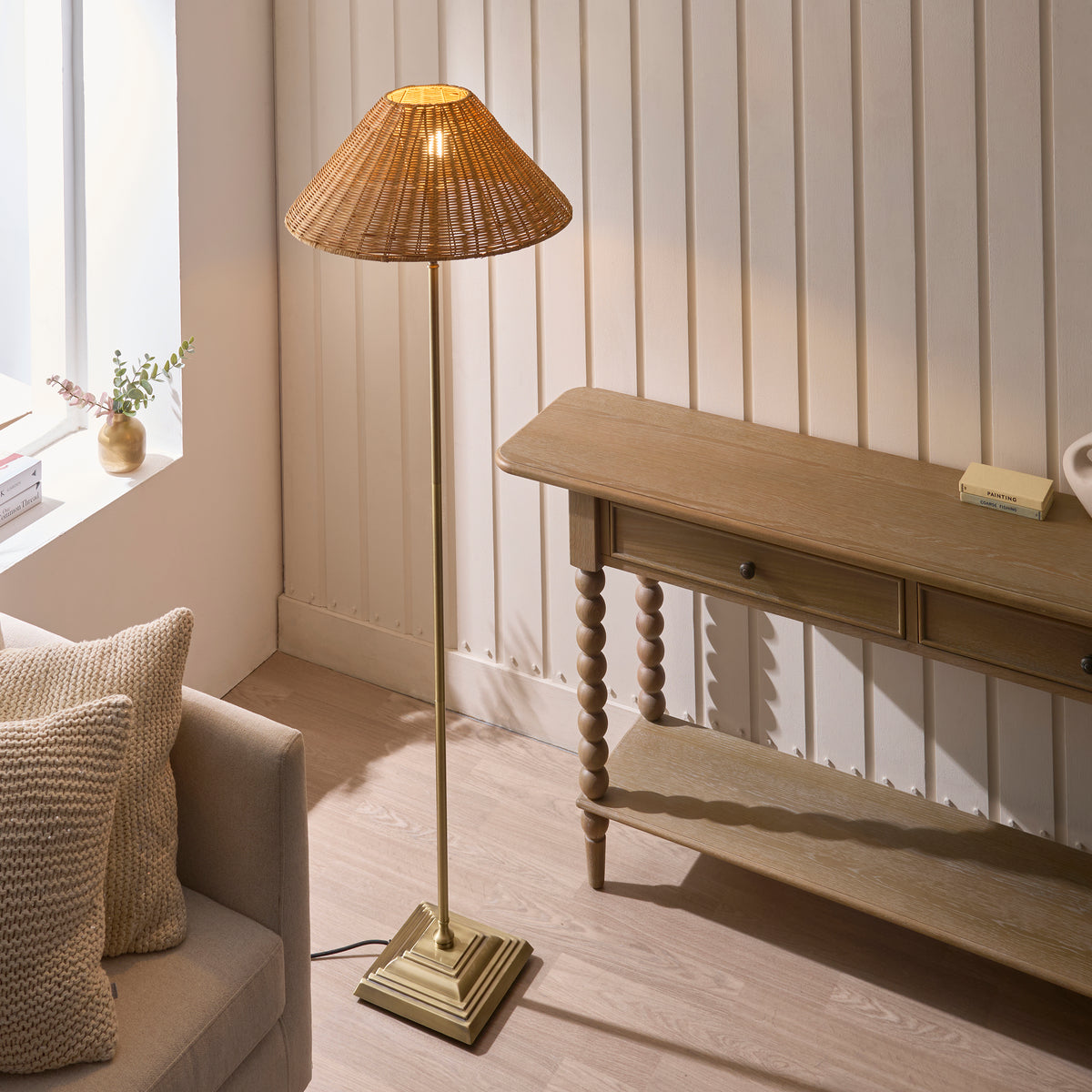 Endon Jericho Floor Light - Antique Brass Plate & Dark Rattan
