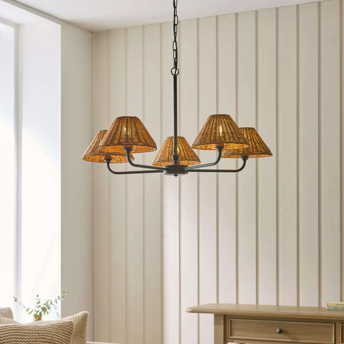 Endon Jericho 5 Light Pendant - Matt Black & Dark Rattan