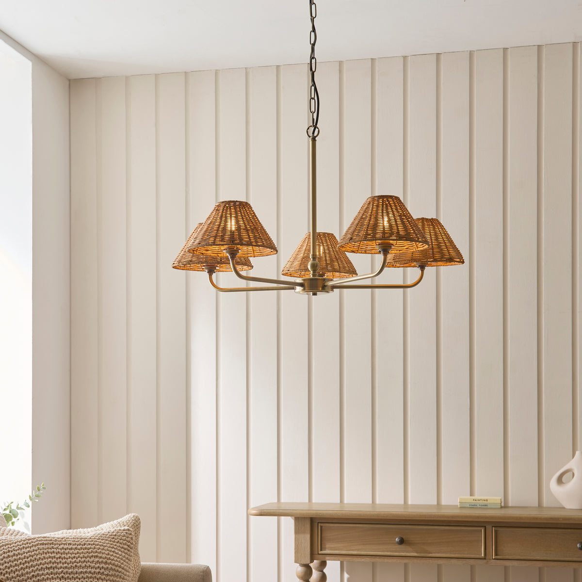 Endon Jericho 5 Light Pendant - Antique Brass Plate & Dark Rattan