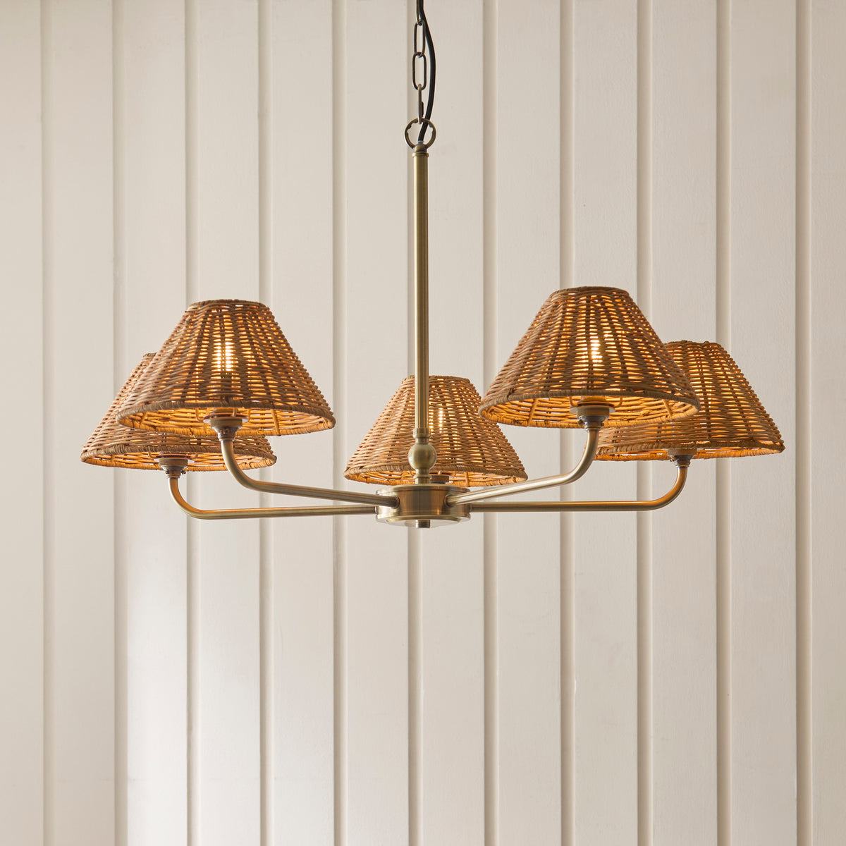 Endon Jericho 5 Light Pendant - Antique Brass Plate & Dark Rattan