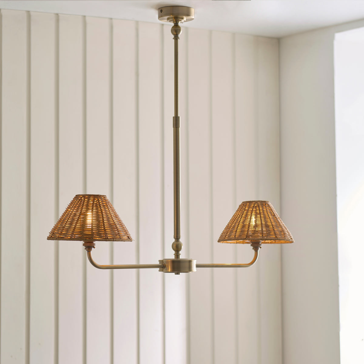 Endon Jericho 2 Light Linear Pendant - Antique Brass Plate & Dark Rattan