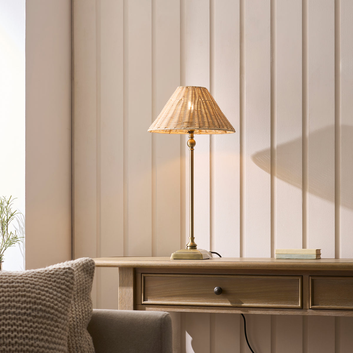 Endon Jericho Table Light - Antique Brass Plate & Natural Rattan