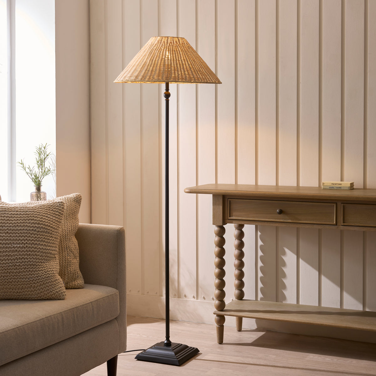 Endon Jericho Floor Light - Matt Black & Natural Rattan