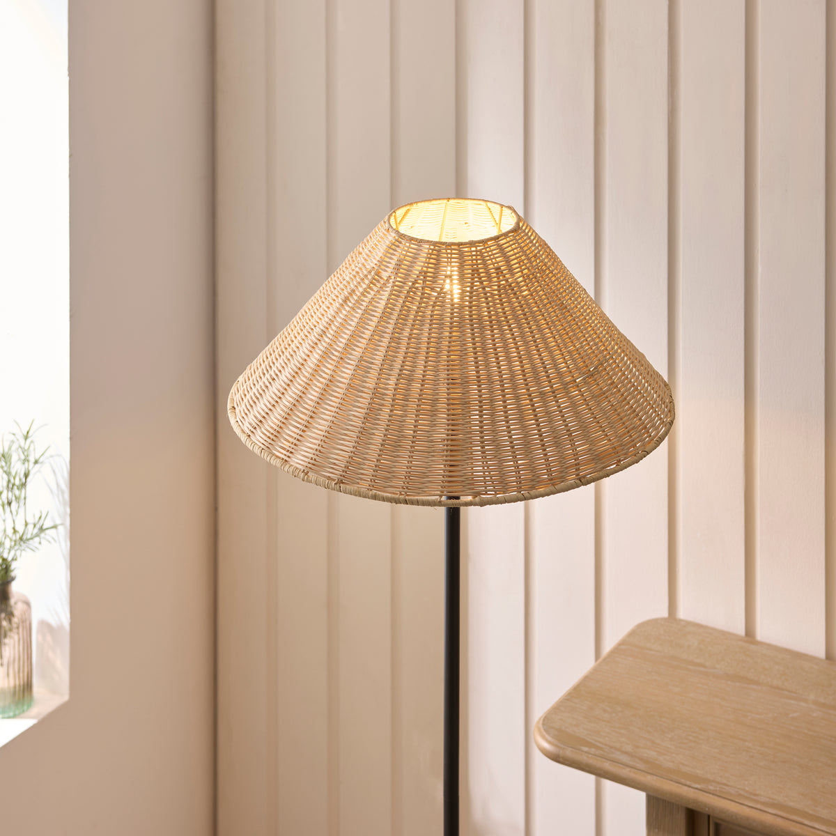 Endon Jericho Floor Light - Matt Black & Natural Rattan