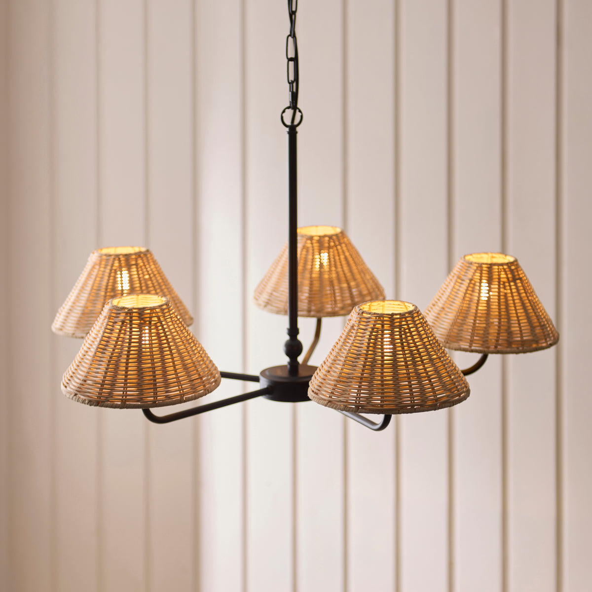Endon Jericho 5 Light Pendant - Matt Black & Natural Rattan