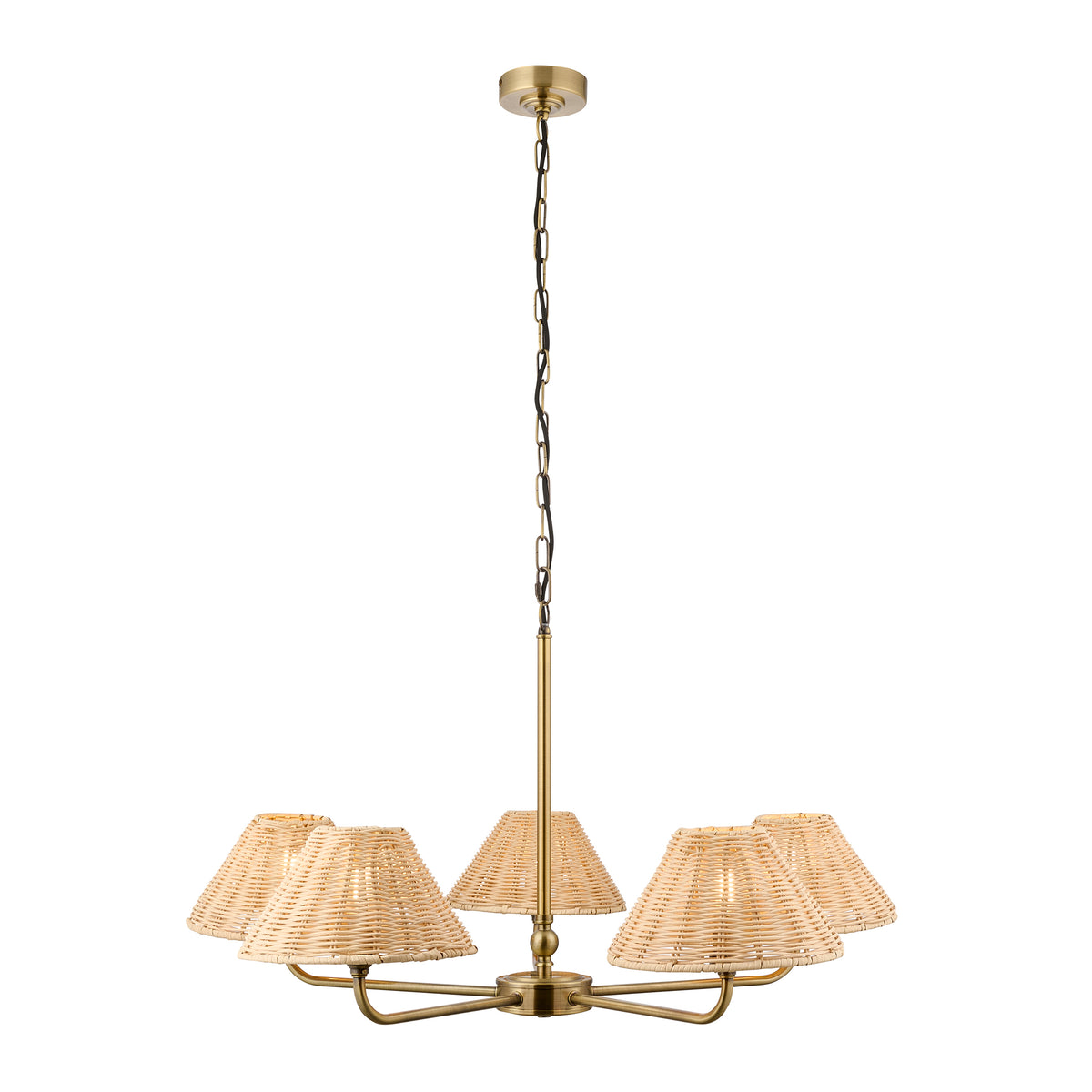 Endon Jericho 5 Light Pendant - Antique Brass Plate & Natural Rattan