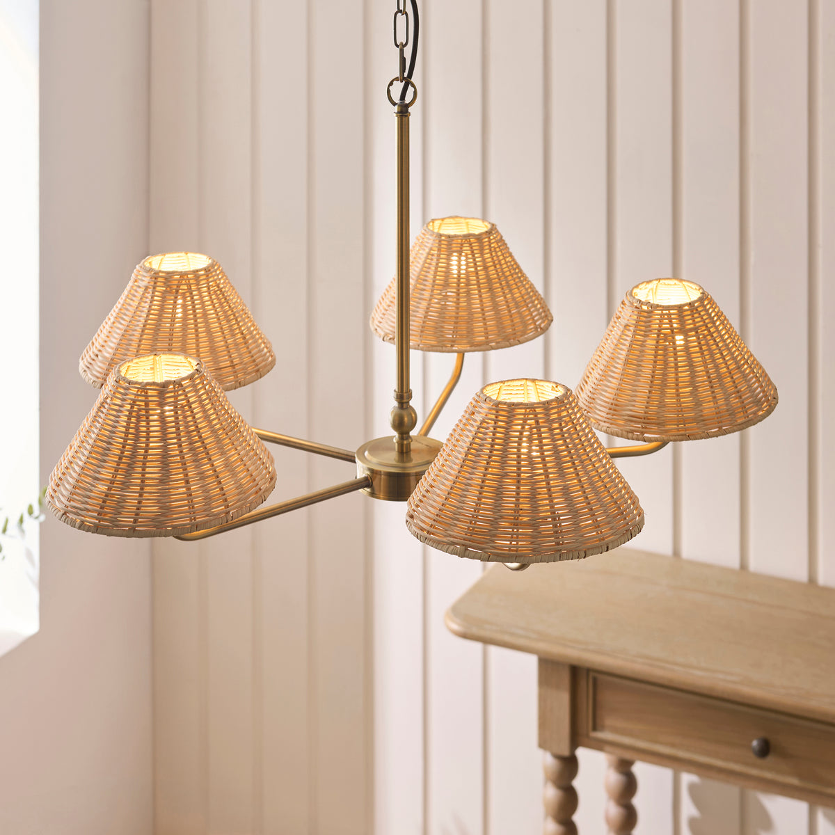 Endon Jericho 5 Light Pendant - Antique Brass Plate & Natural Rattan