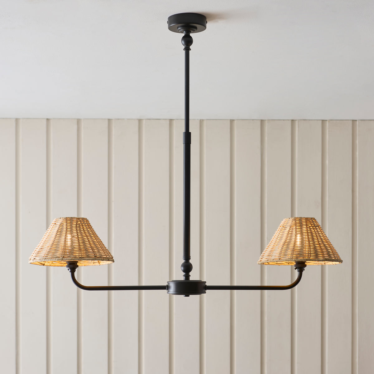 Endon Jericho 2 Light Linear Pendant - Matt Black & Natural Rattan