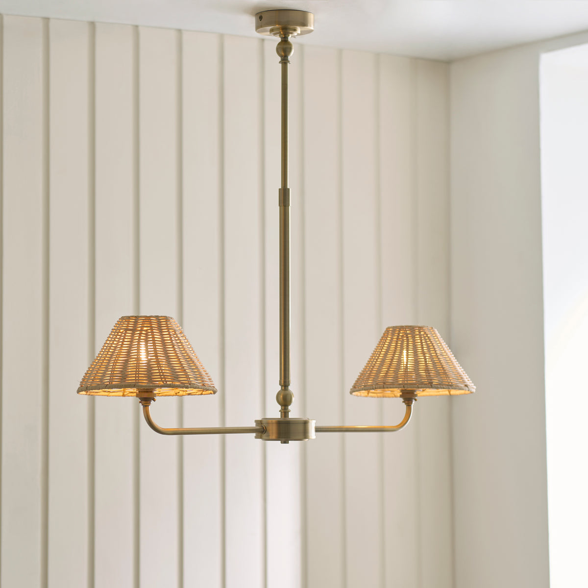 Endon Jericho 2 Light Linear Pendant - Antique Brass Plate & Natural Rattan