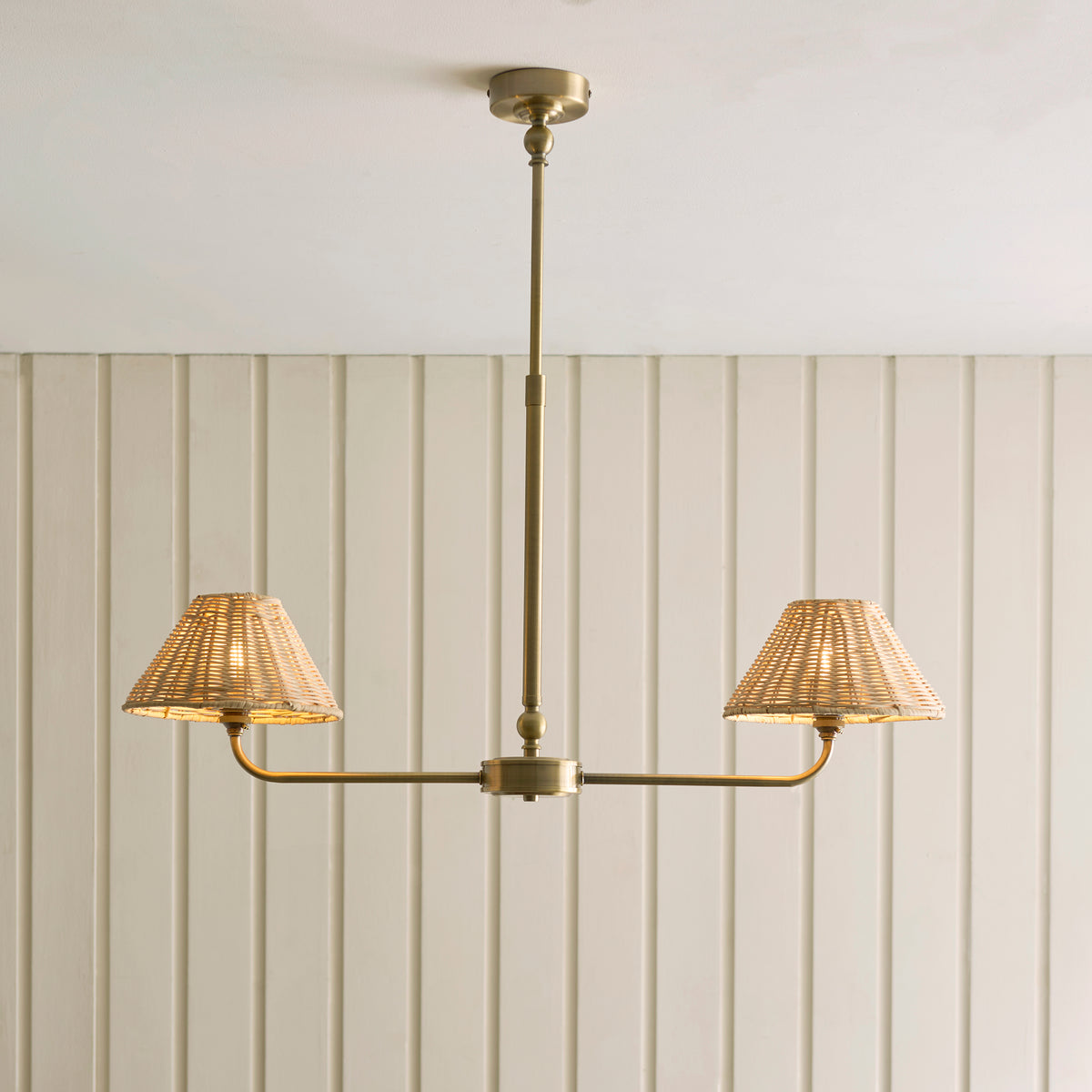 Endon Jericho 2 Light Linear Pendant - Antique Brass Plate & Natural Rattan