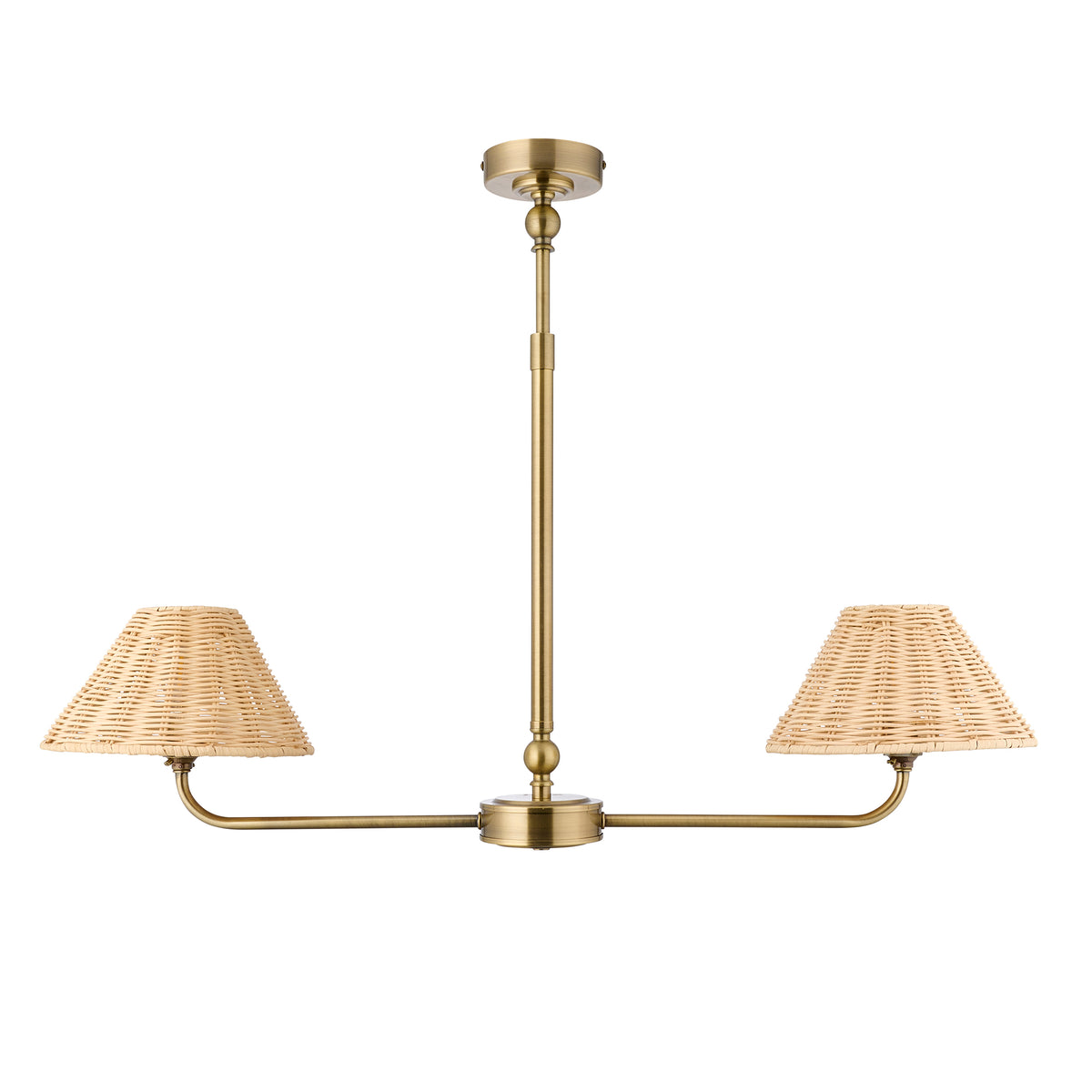 Endon Jericho 2 Light Linear Pendant - Antique Brass Plate & Natural Rattan