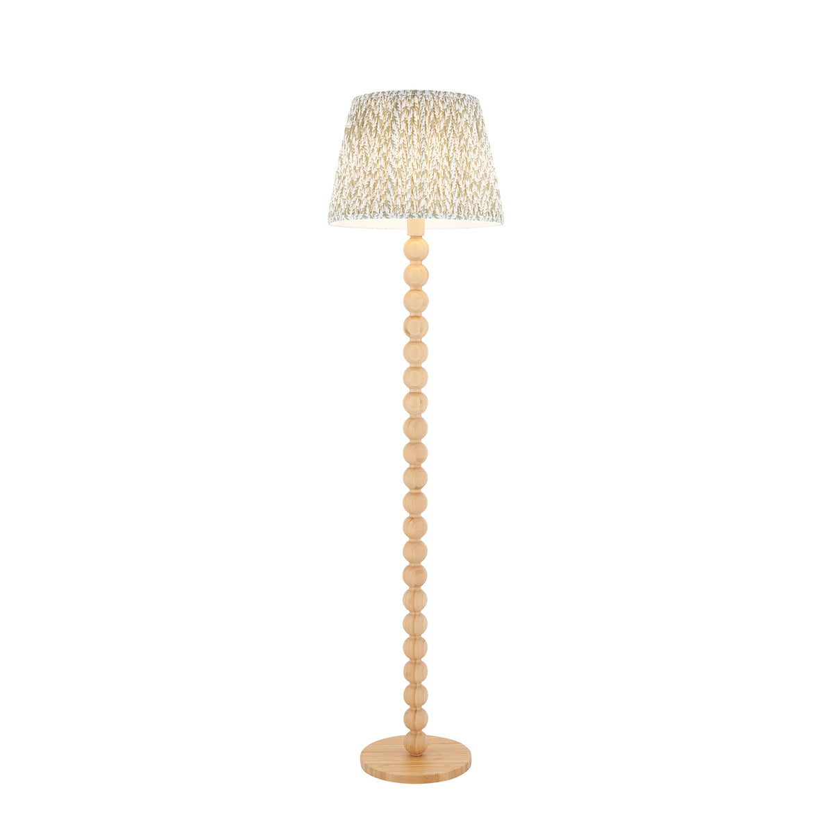 Endon Cane floor lamp lit, natural bamboo sphere stem and base with a 40cm herb garden green leaf print pleated shade, cut out on white