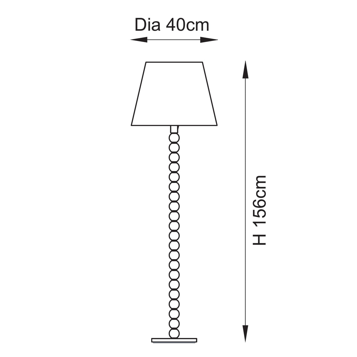Dimension drawing of the Endon Cane floor lamp with the Leaf shade fitted, 156cm high and 40cm shade diameter