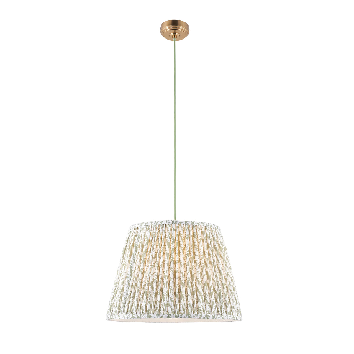 Endon Eltham and Leaf pendant light lit on a white background, brushed aged brass ceiling rose, green cable and 40cm pleated herb garden green leaf shade