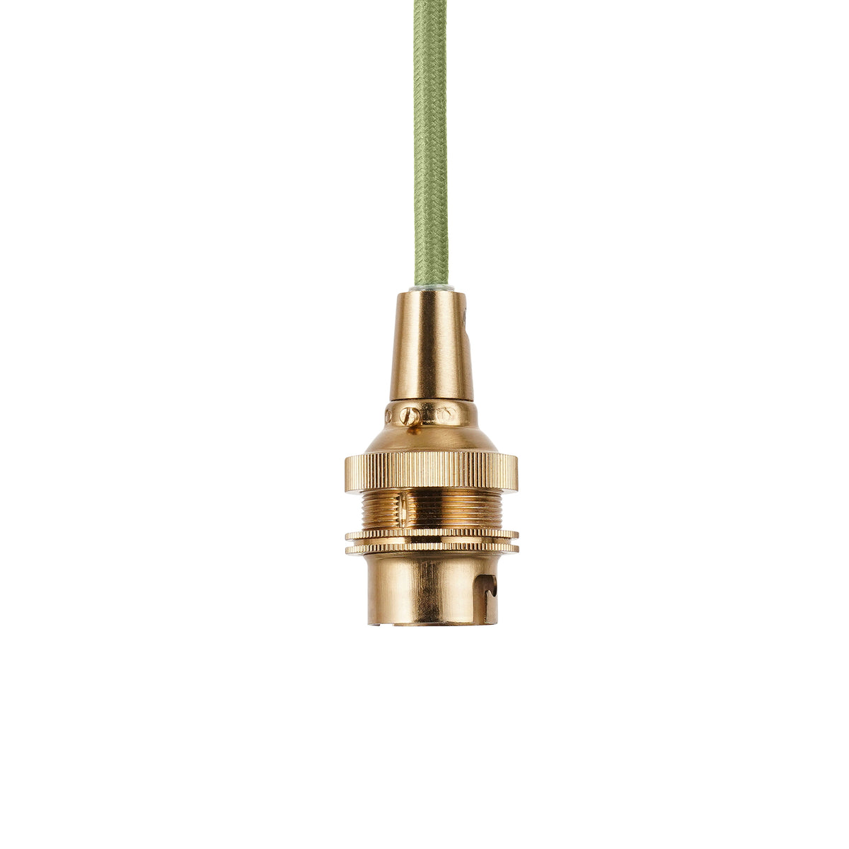 Endon Eltham brass B22 lamp holder hanging from the green braided cable, unlit, on a white background