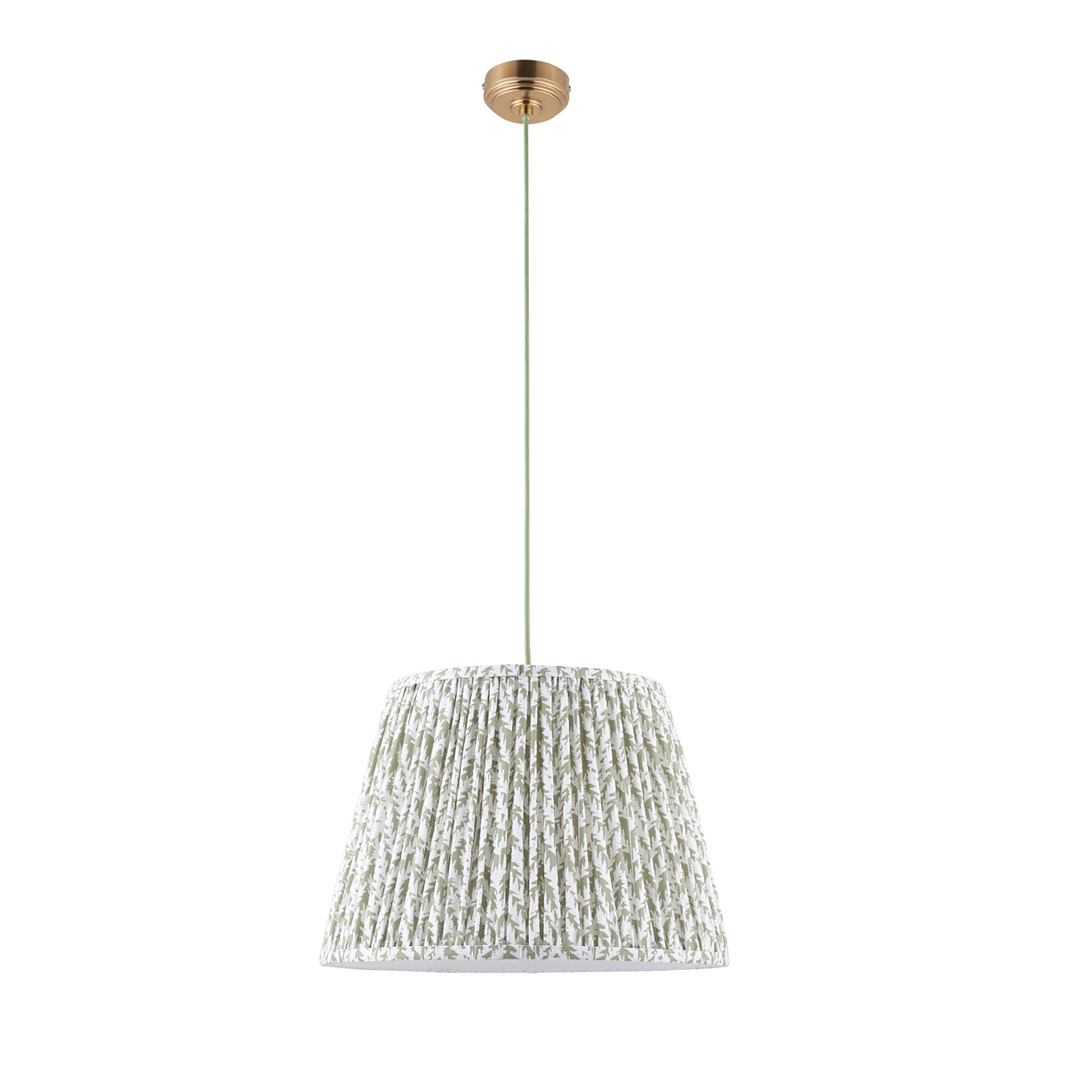Endon Eltham and Leaf pendant light unlit on a white background, aged brass ceiling rose, green cable and 40cm green leaf pleated shade