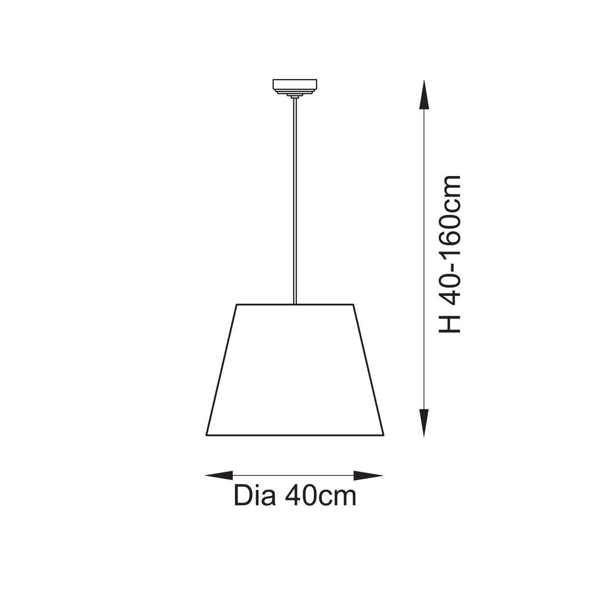 Dimension drawing of the Endon Eltham and Leaf pendant with shade, 40cm diameter and 40cm to 160cm adjustable drop