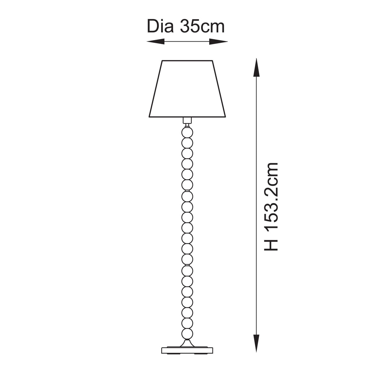 Dimension drawing of the Endon Higgledy floor lamp with Leaf shade, 153.2cm height and 35cm shade diameter
