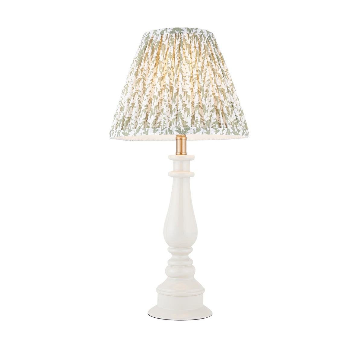 Endon Myrtle table lamp lit, gloss almond white turned resin base with a pleated herb garden green leaf shade, shown on a plain white background
