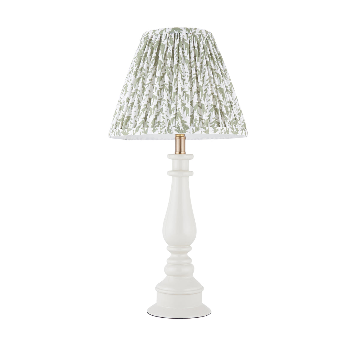 Endon Myrtle table lamp unlit, gloss almond white turned resin base with a pleated green and white leaf print shade, cut out on white