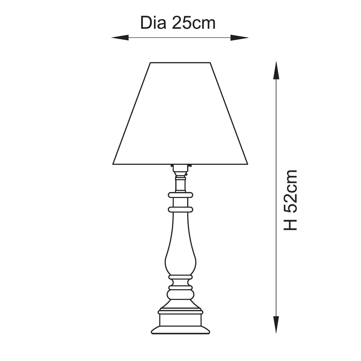 Dimension drawing of the Endon Myrtle table lamp with Leaf shade fitted, 52cm high and 25cm shade diameter