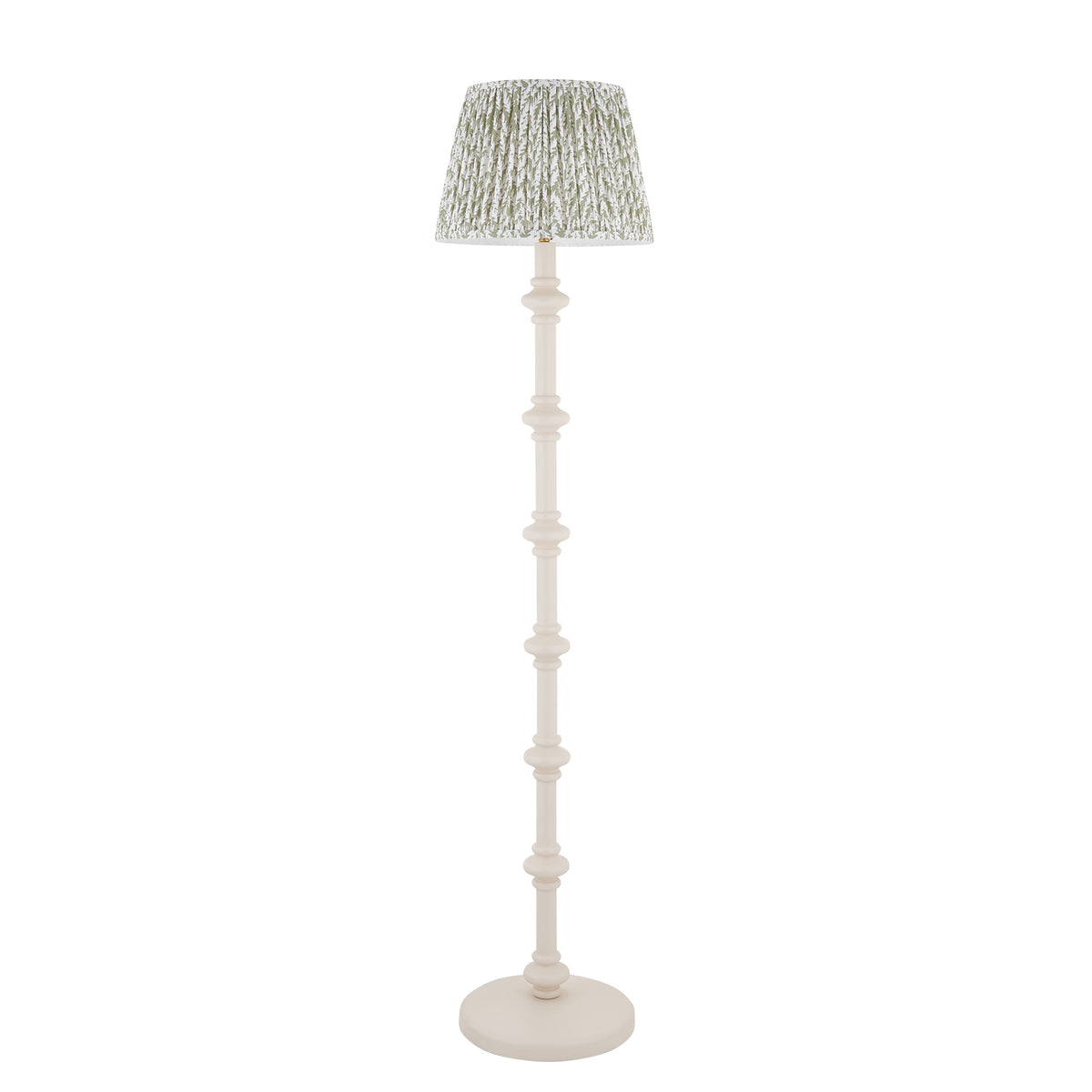 Endon Carnaby floor lamp unlit, cut out on white, satin almond white turned spindle stem and herb garden green Leaf shade