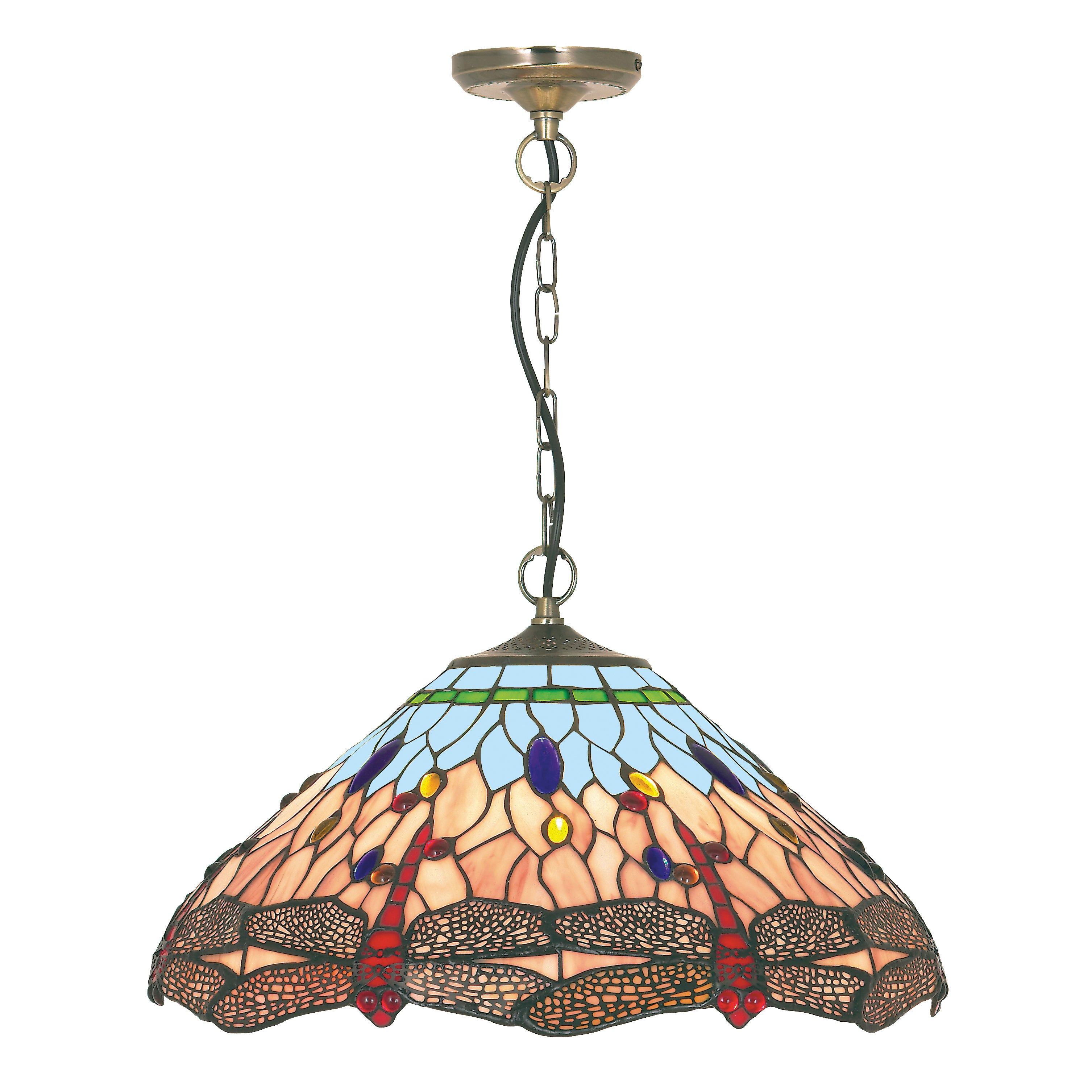 Searchlight Darwen Dragonfly - Single Pendant, Antique Brass, Tiffany Glass