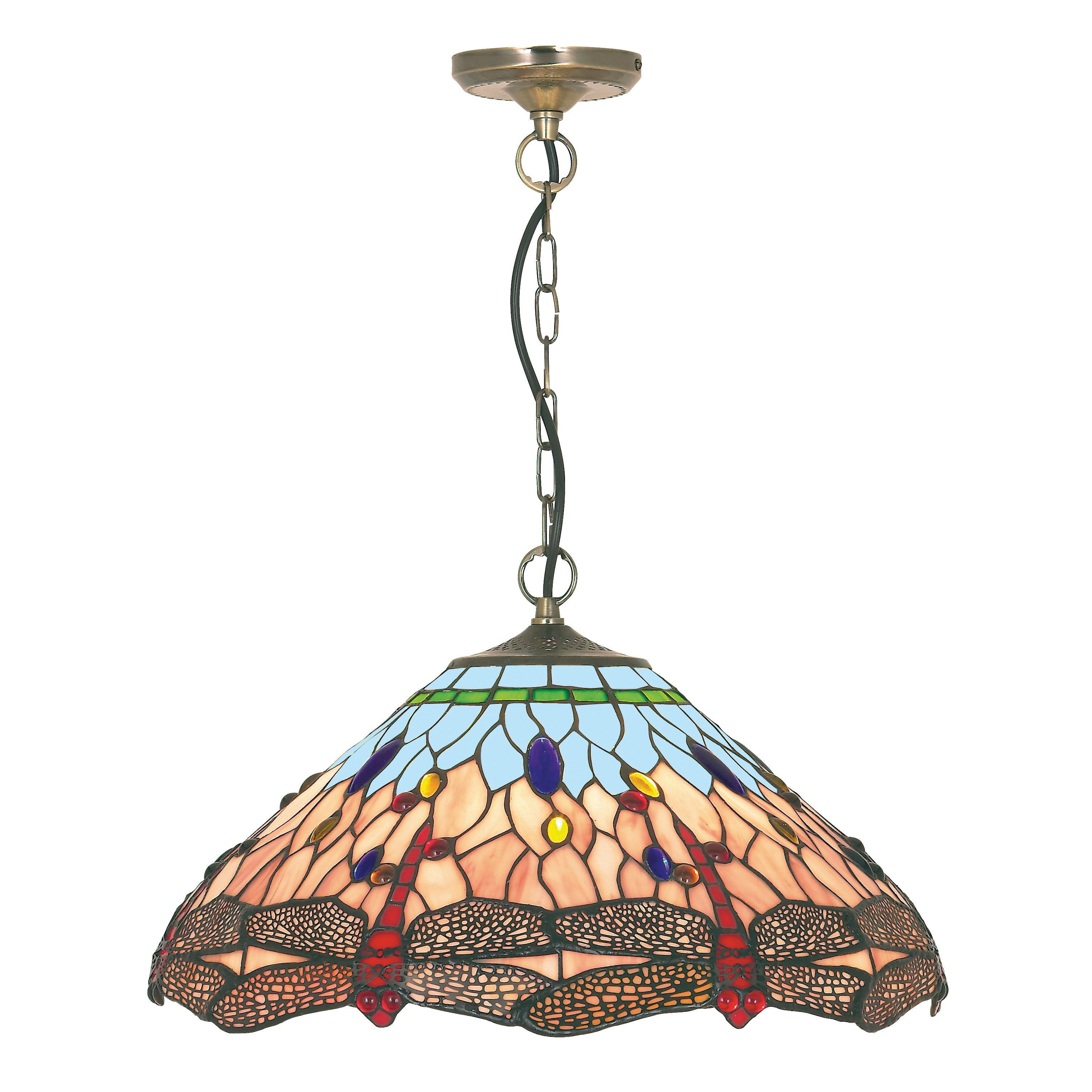 Searchlight Darwen Dragonfly - Single Pendant, Antique Brass, Tiffany Glass