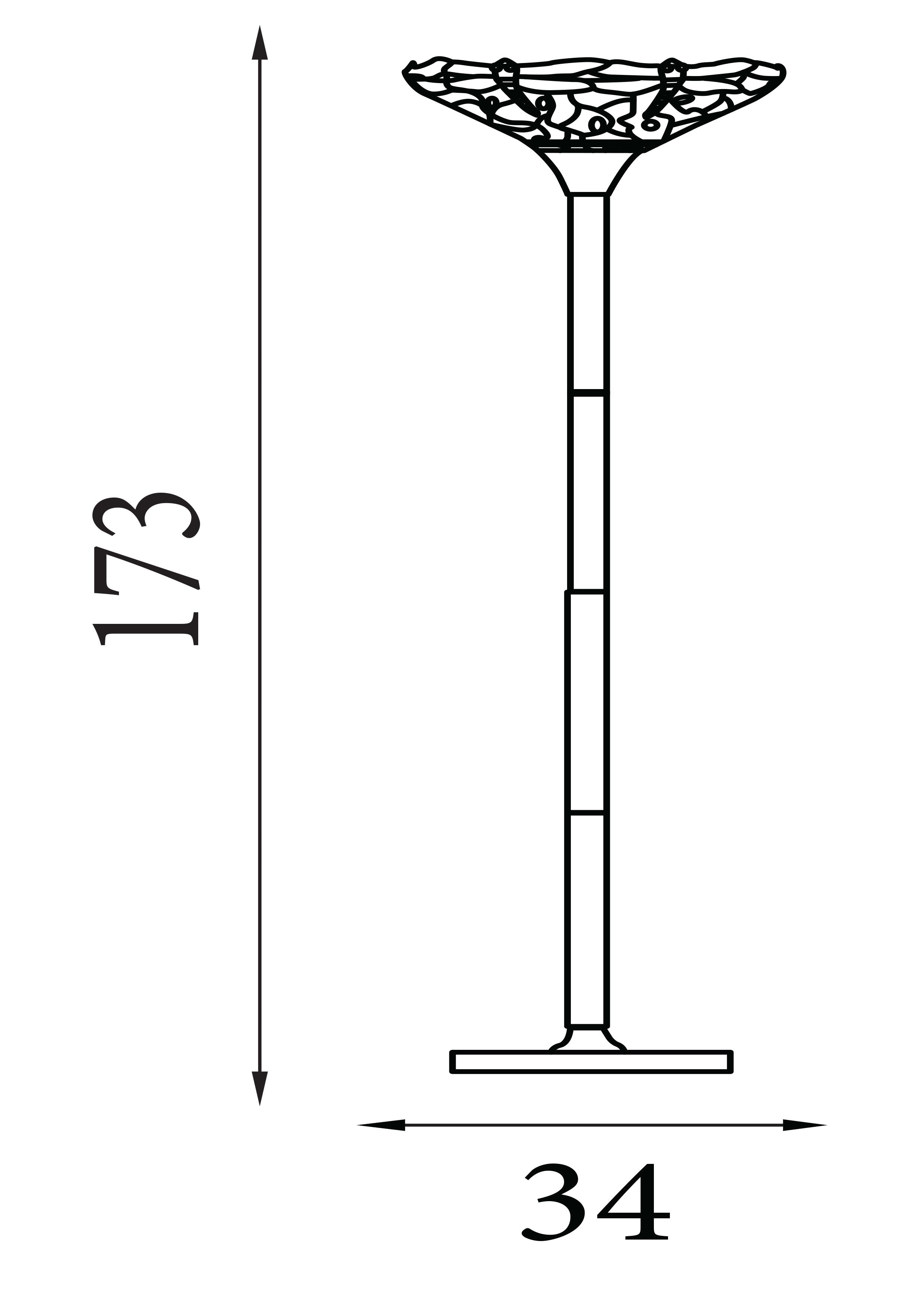 Line drawing showing the Dragonfly floor lamp's dimensions, 173cm high and 34cm wide