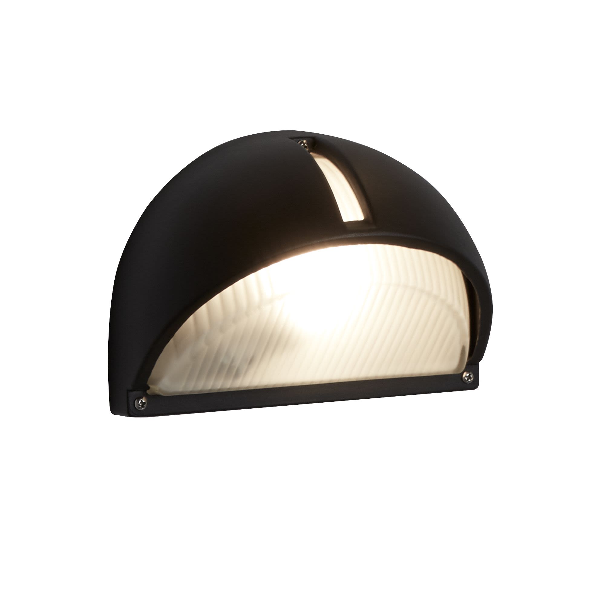 Searchlight Kentucky outdoor wall light in black with a half moon dome shade and frosted ribbed glass lens, lit against a white background