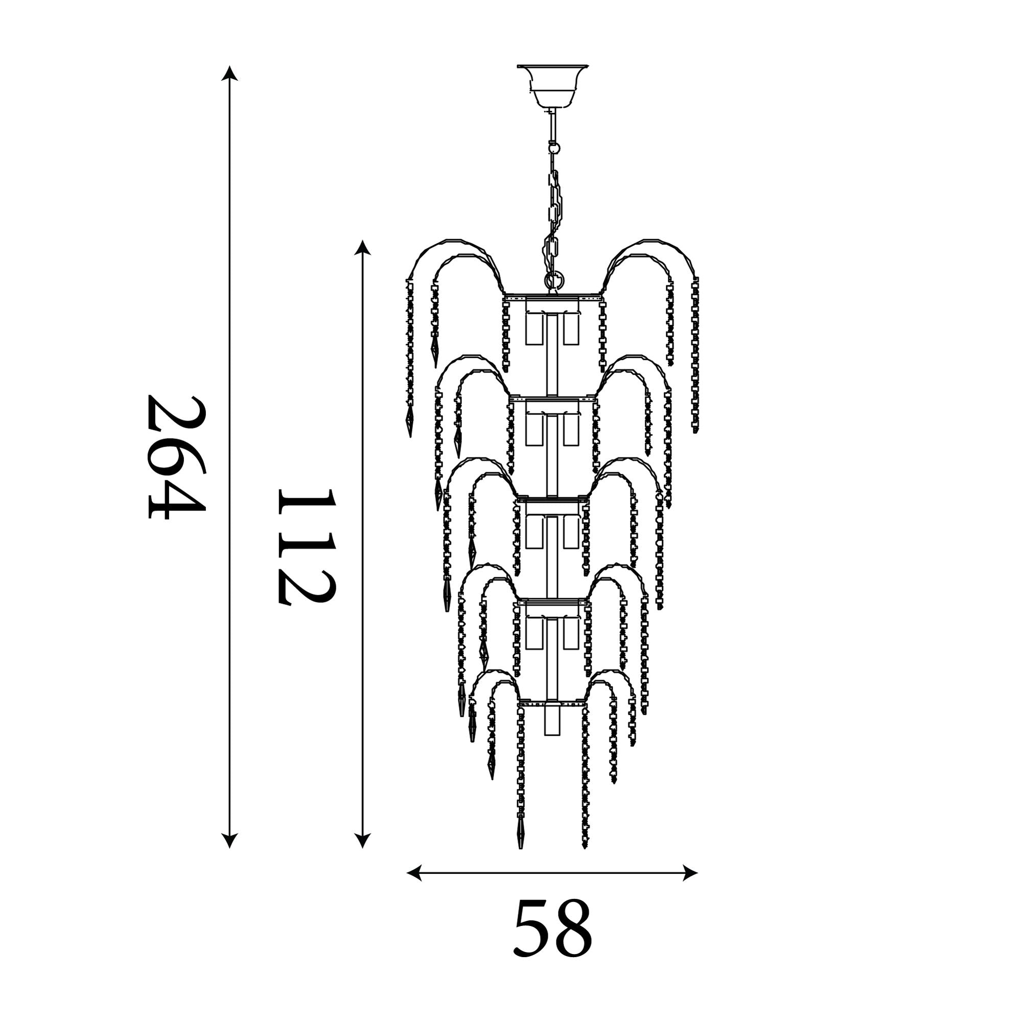 Dimension diagram of the Waterfall 13 light chandelier, 264cm total drop, 112cm fitting height, 58cm width